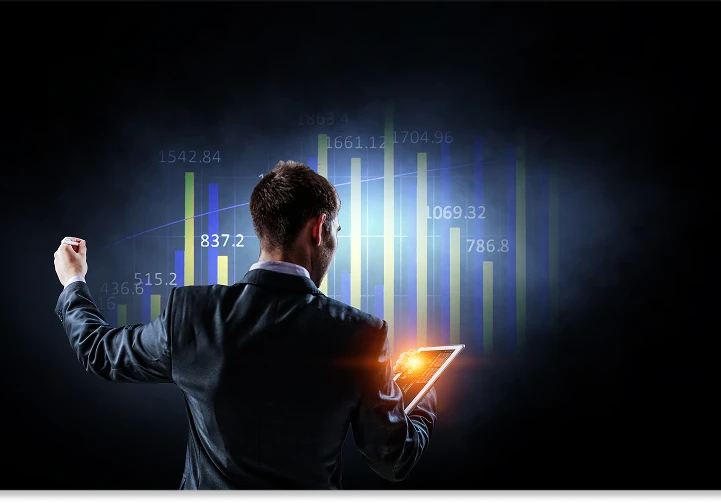Trader interacting with a futuristic data dashboard
